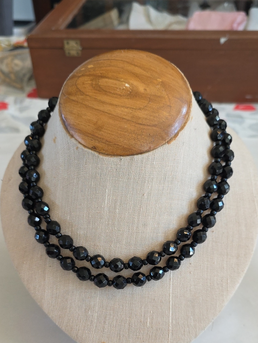 Classic Black Glass Faceted Bead Double-Strand Necklace